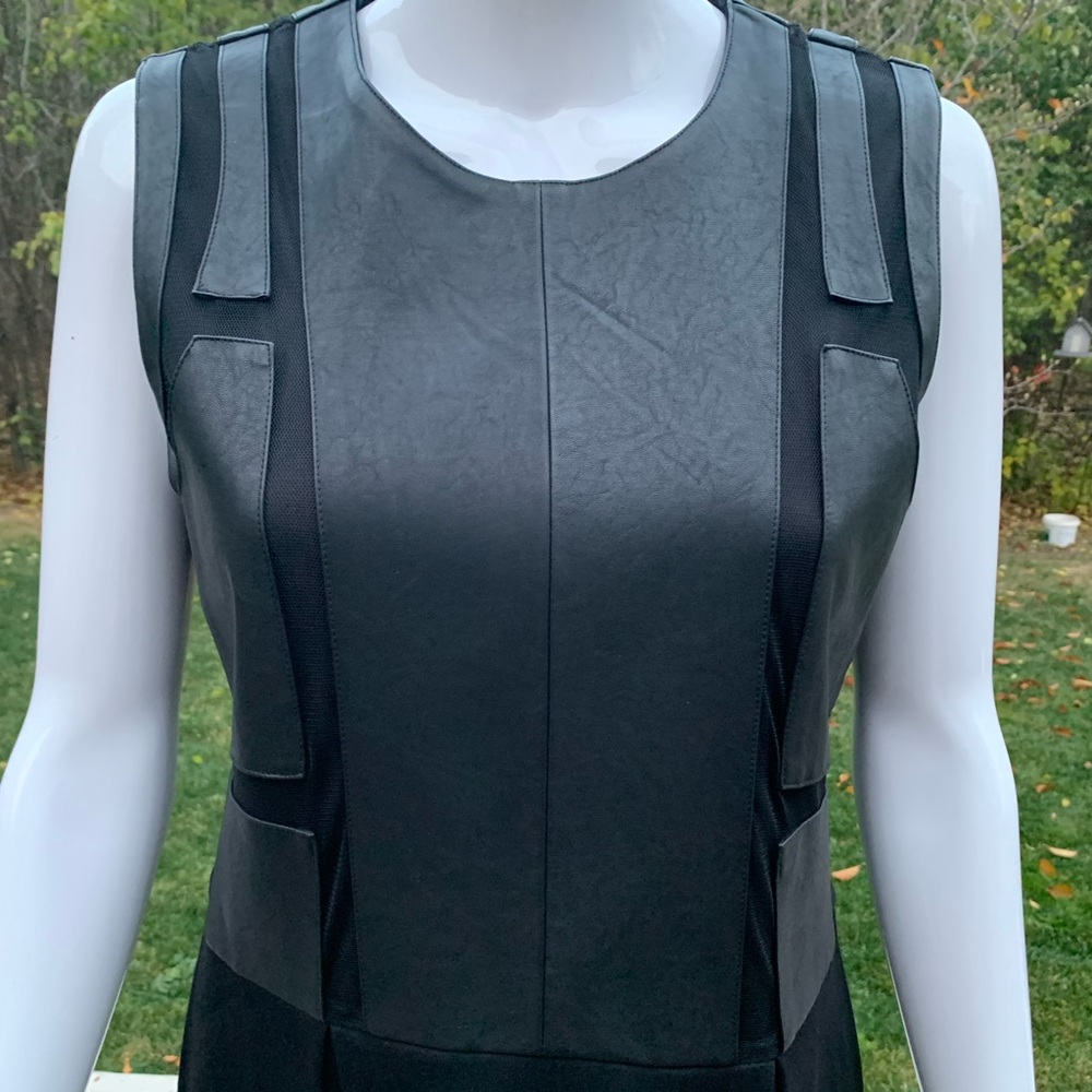 MaxMara black dress just over the knee black faux leather top black mesh slits L